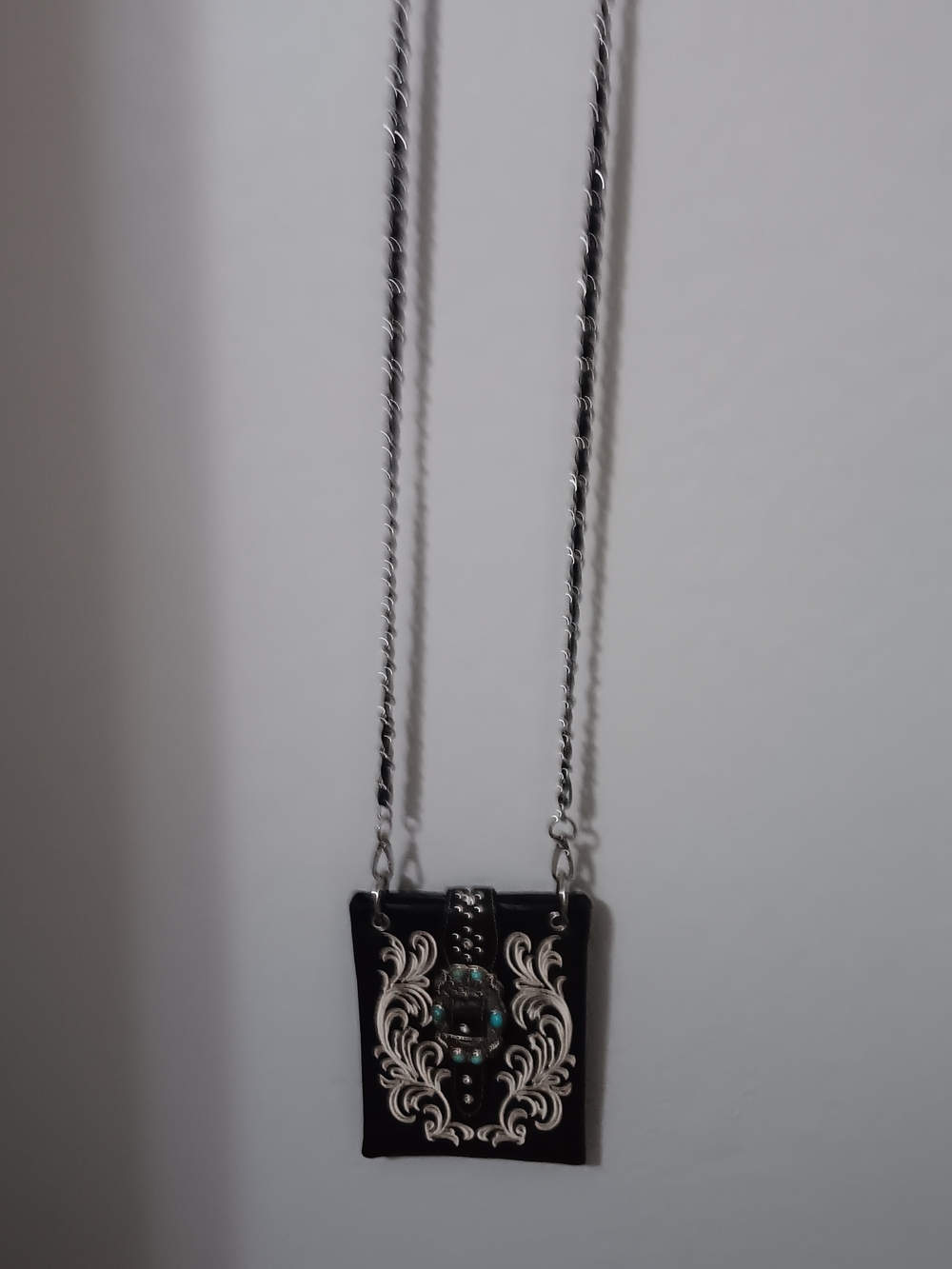 Black Crossbody Bag with Cream Embroidery and Turquoise Accents - Picture 4 of 5